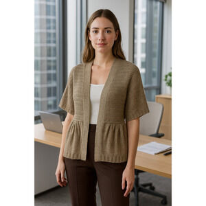 Chicos chunky knit open cardigan short sleeve women's beige Size Large Office